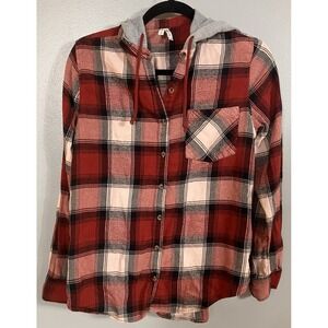 Women's MUDD red Multi Plaid Button-Down Hooded Shirt- Size‎ Medium Y2K Flannel